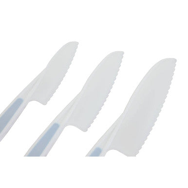 Three white plastic dessert knives with serrated edges and pastel blue handles perfect as salad knives