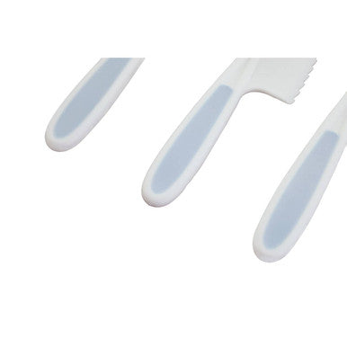 Zing set of 3 dessert or salad knives with white plastic blades and pastel blue handle silicone grips