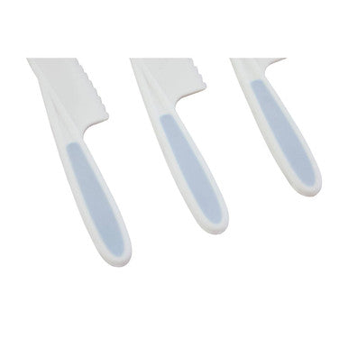 Zing set of 3 dessert or salad knives with white plastic blades and pastel blue silicone handles for easy grip