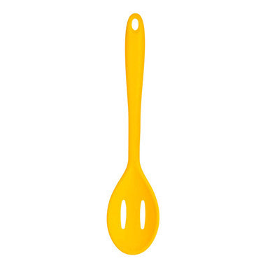 Bright yellow silicone slotted spoon with two elongated slots for easy stirring and scooping in the kitchen