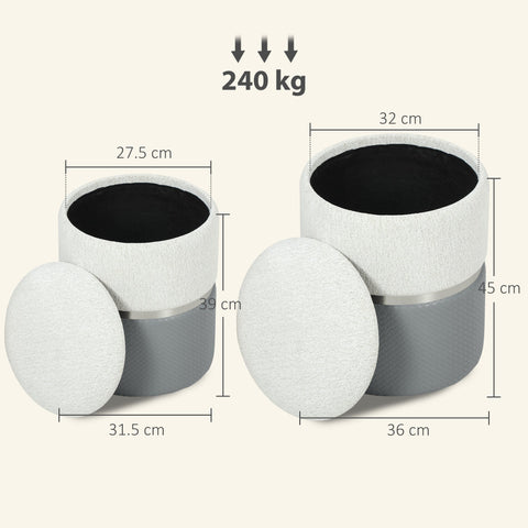 HOMCOM Nesting Round Ottoman with Storage Set of 2 - Cream/Grey