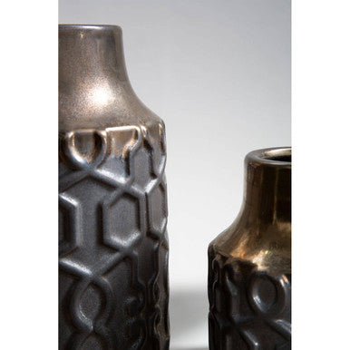 Dark metallic zircon small ceramic vase with embossed geometric patterns perfect for modern decor