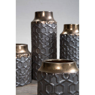 Gray zircon small ceramic vase with metallic gold rim and hexagonal embossed pattern perfect for decor