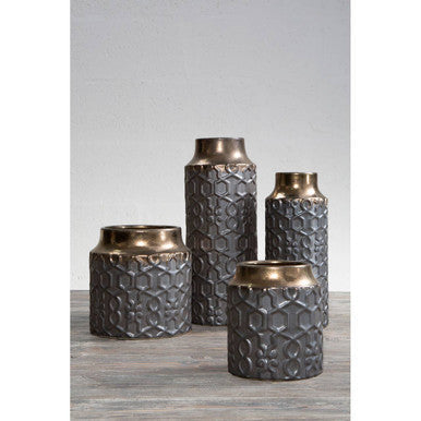 Set of five small ceramic vases with metallic honeycomb texture and brushed gold rims perfect for home decor