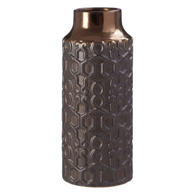A tall small ceramic vase with a textured geometric pattern and a metallic copper rim called zircon small ceramic vase