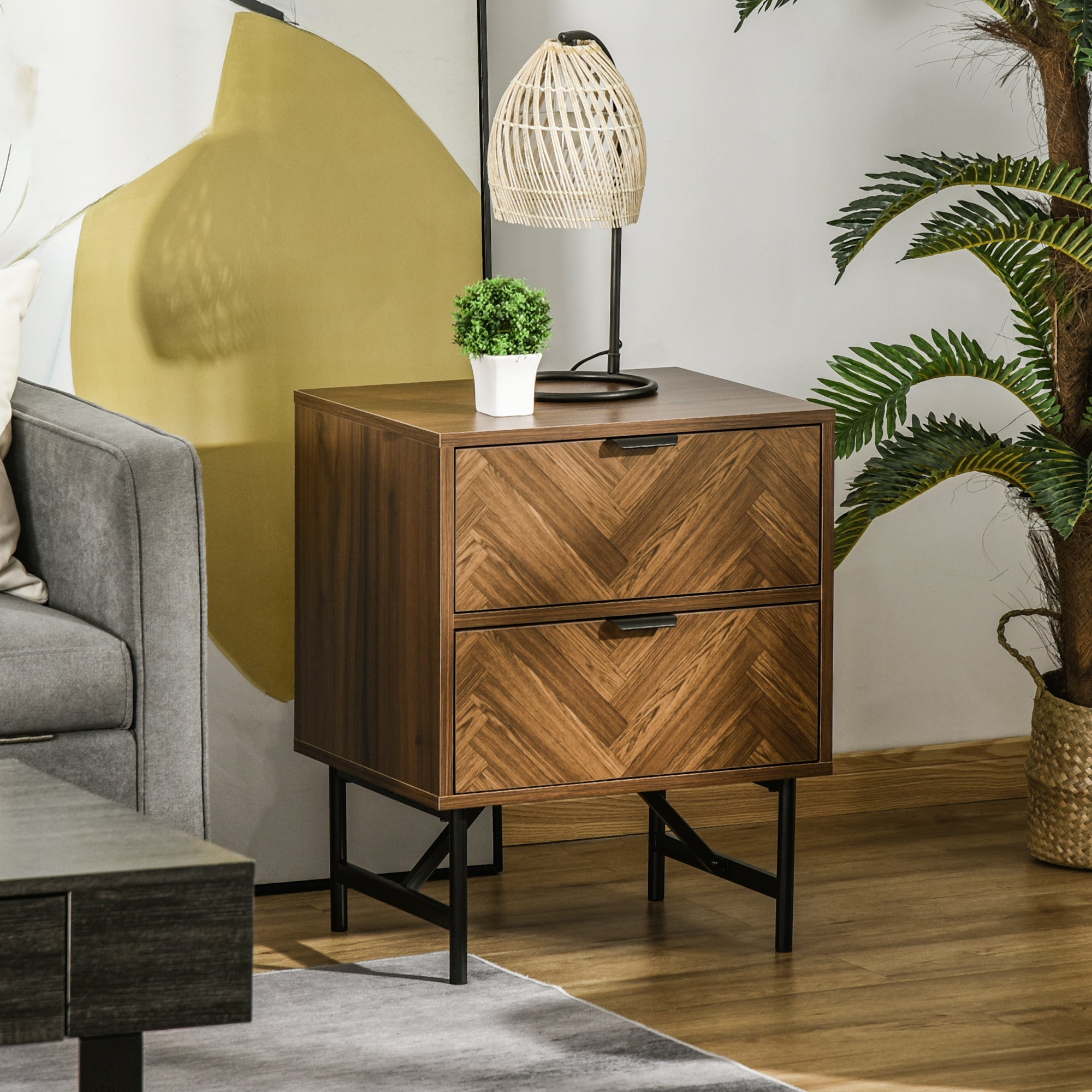 HOMCOM Bedside Table Set of 2 with 2 Drawers, Modern Side Tables with Herringbone Pattern and Metal Legs for Bedroom, Living Room, Walnut Brown