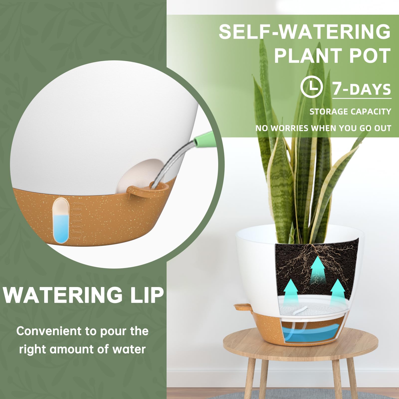 White and tan plastic plant pots with drainage holes saucer and self watering lip for easy indoor outdoor care