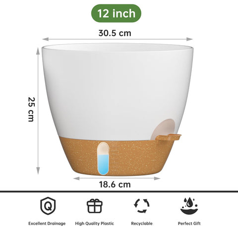 White and tan plastic plant pots with drainage holes saucer and self watering reservoir for indoor outdoor use