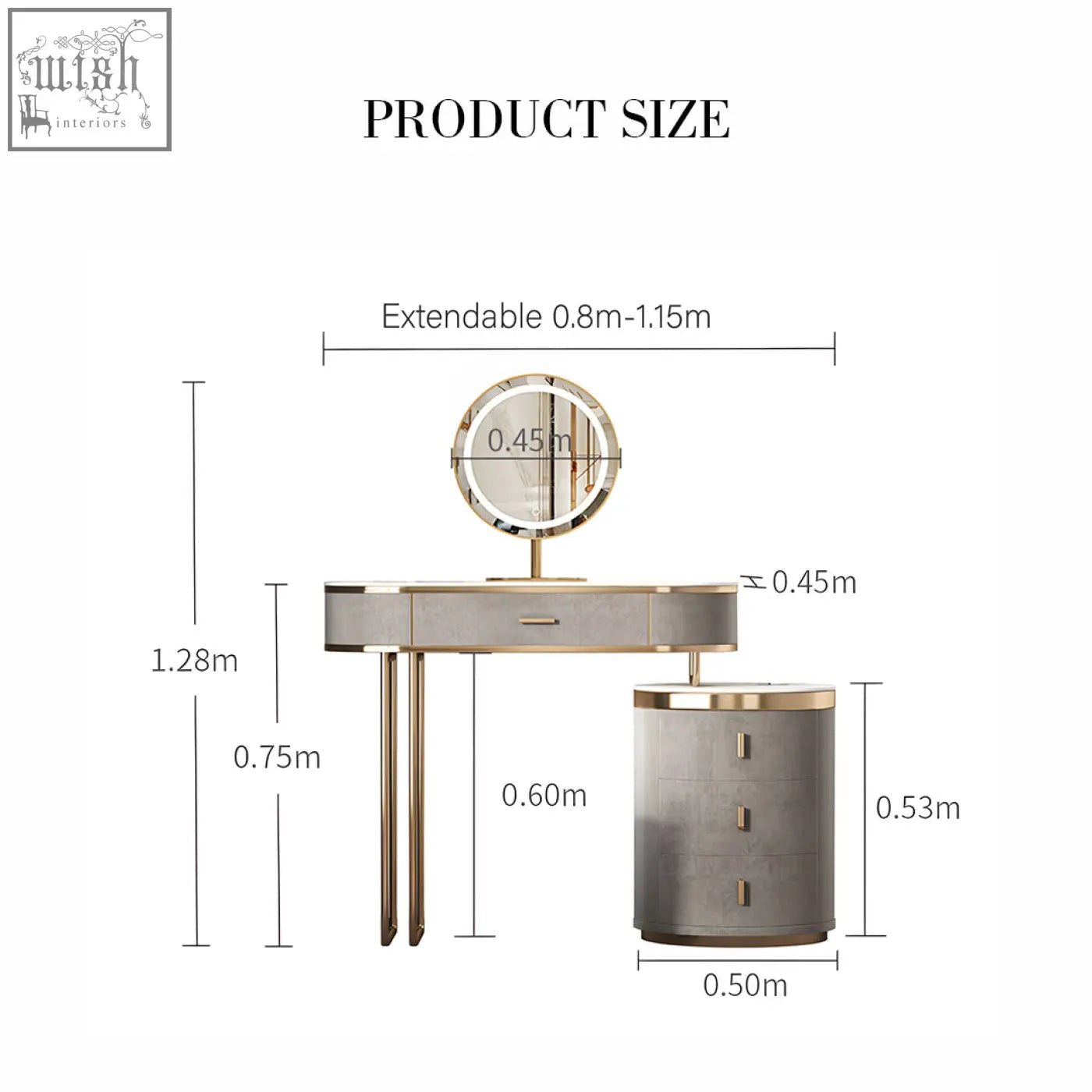 Modern gray and gold zoey dressing table with led circular mirror three drawers and slender legs for stylish storage