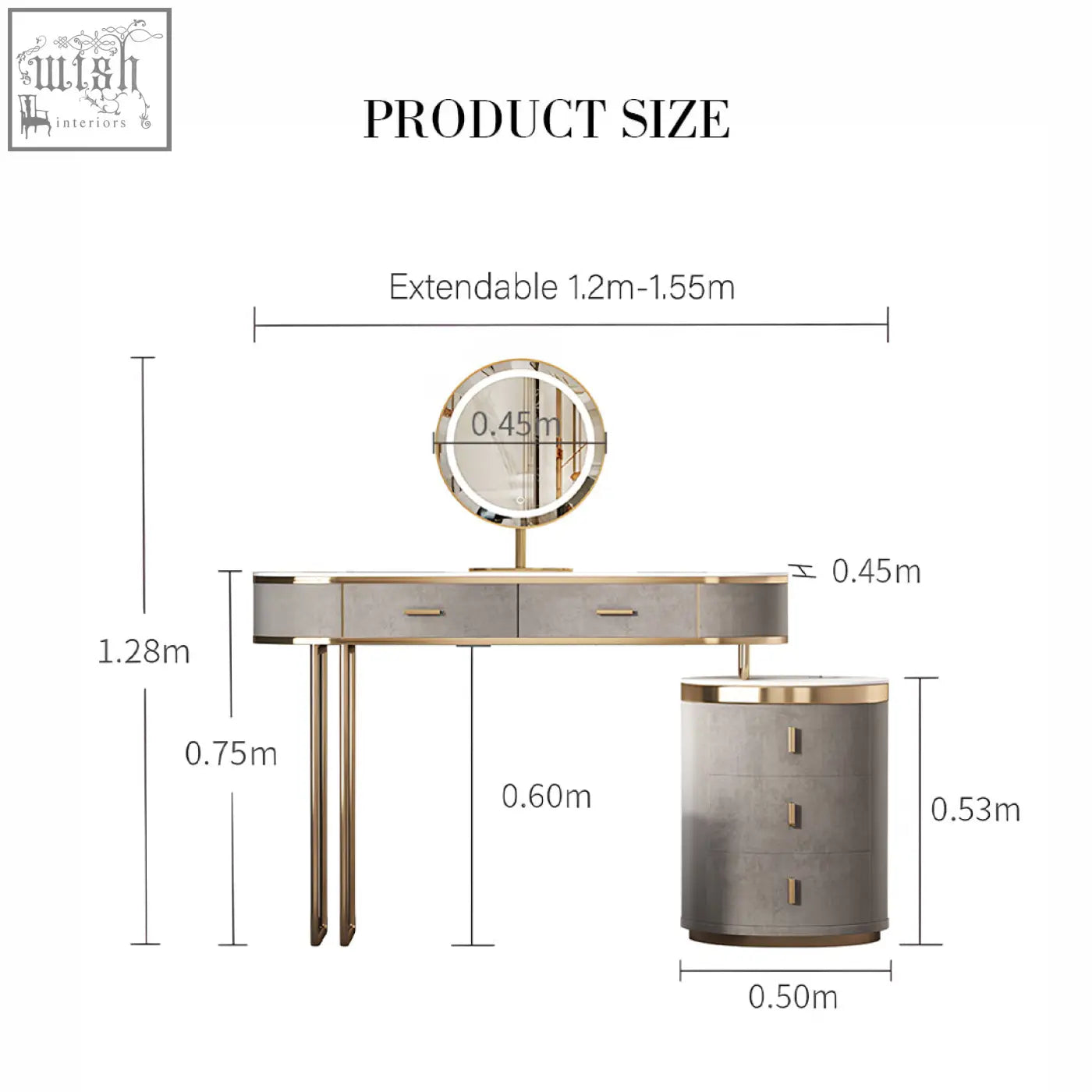 Modern grey and gold zoey dressing table with sleek metallic legs drawers and a round led mirror for stylish use