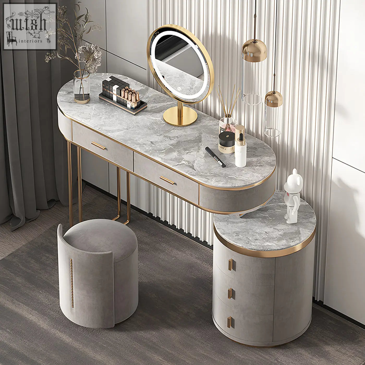Modern zoey dressing table with gray marble top gold accents sleek drawers and slim legs and led mirror