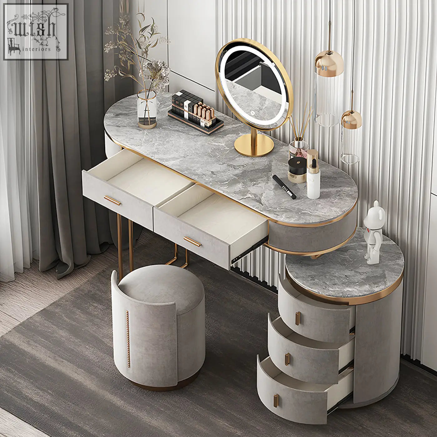 Modern zoey dressing table with gray marble top gold trim and integrated circular led mirror for dressing area