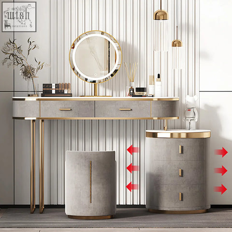 Modern zoey dressing table in grey with a round led mirror gold-trimmed concrete top and matching cylindrical drawers