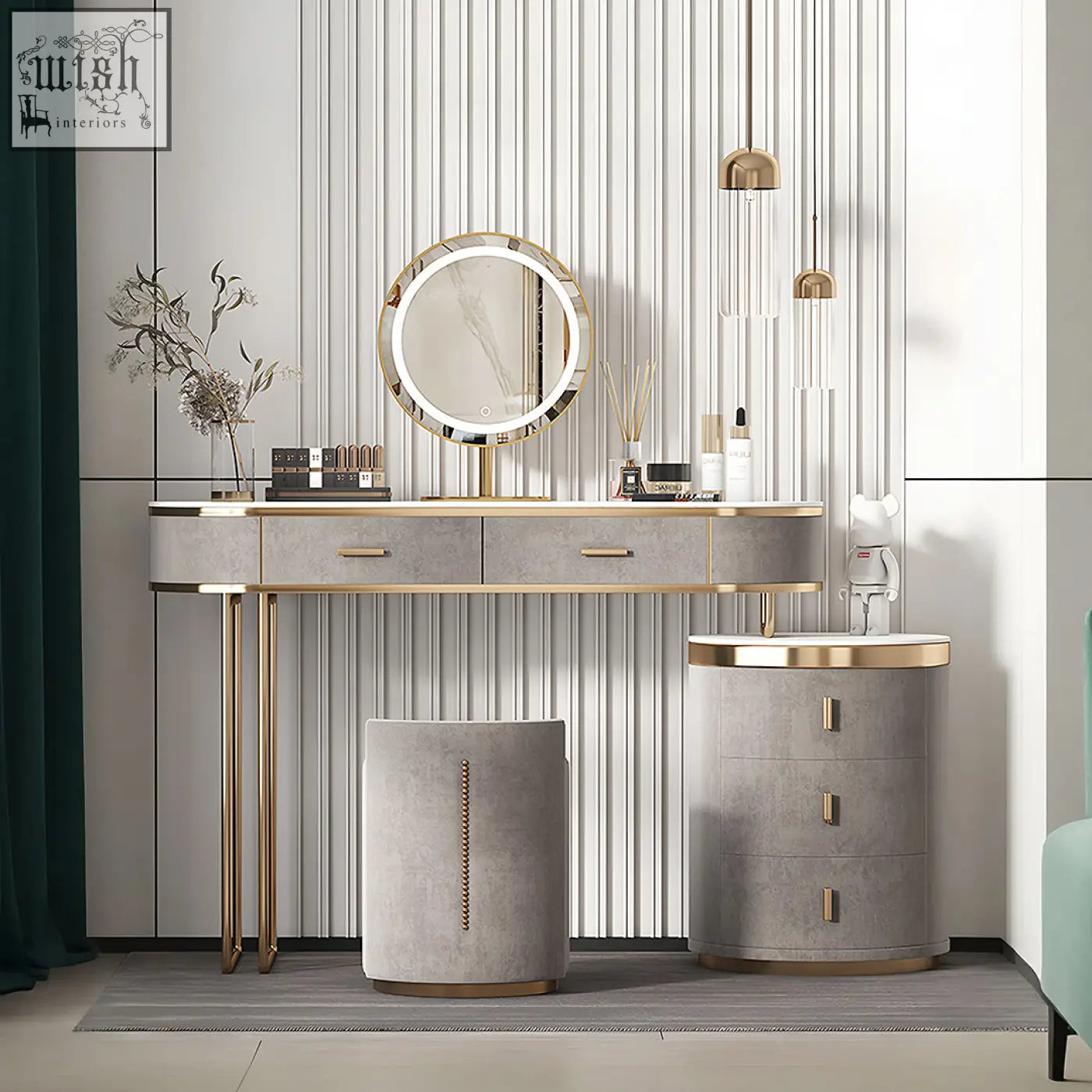 Modern zoey dressing table with sleek gray concrete finish and gold-tone metal legs and hardware with led mirror