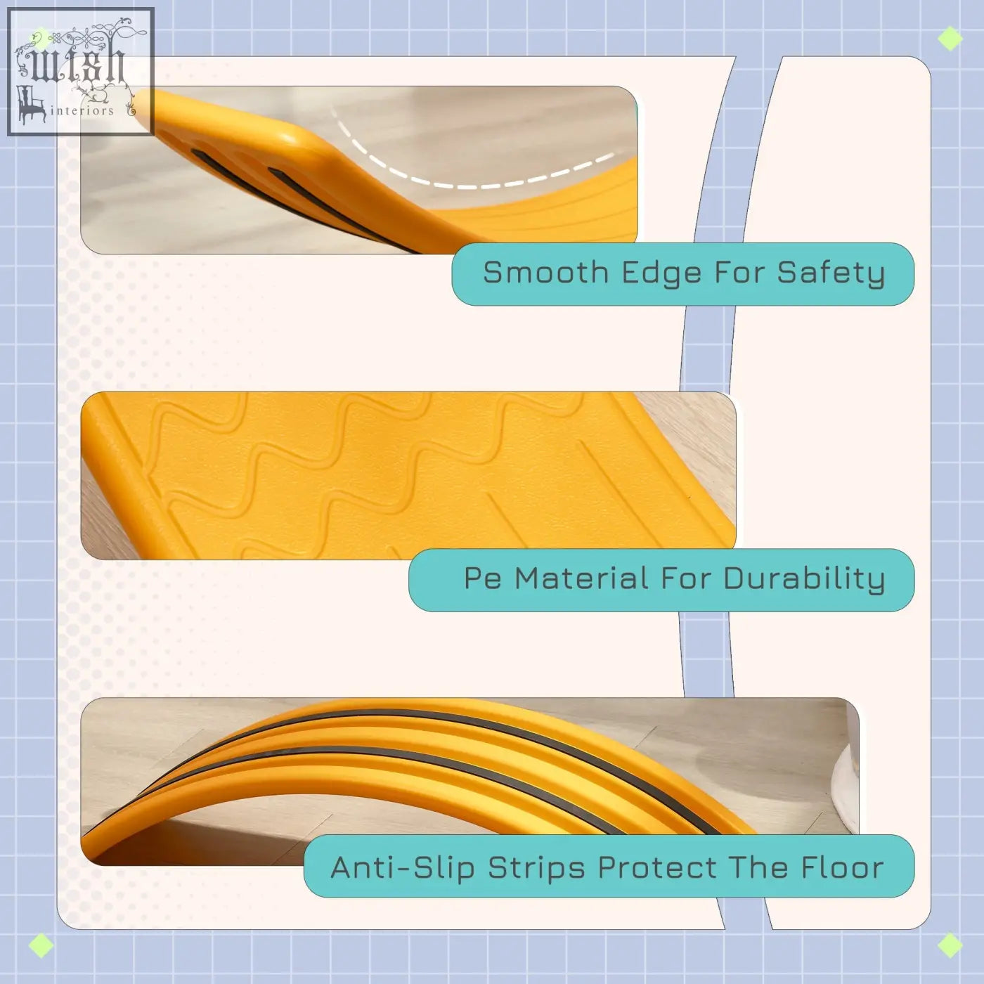 Bright yellow pe plastic zonekiz balance board with wavy texture and black anti slip strips stepping stone for kids