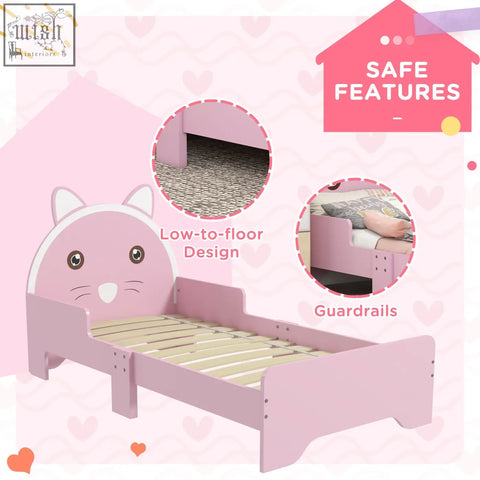 Pink zonekiz toddler bed with cat design wooden frame multi-layer board guardrails 143l x 74w x 72hcm for kids