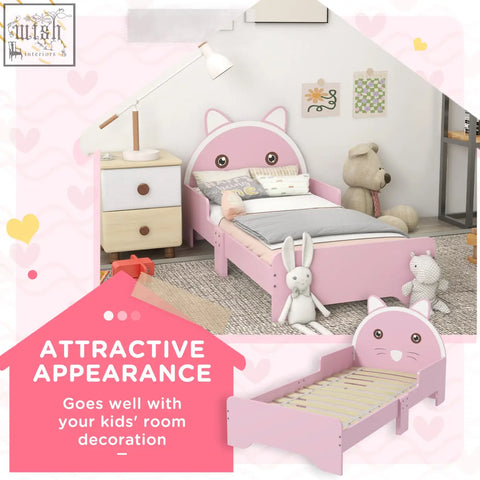Pink zonekiz toddler bed frame with cat face design and ears made of multi-layer board 143l x 74w x 72hcm