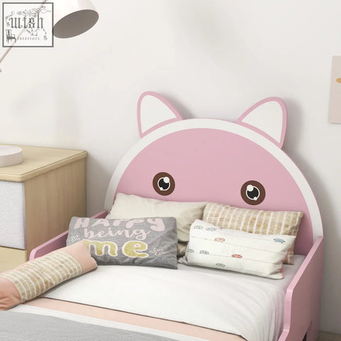 Zonekiz pink cat design toddler bed with guardrails made of multi-layer board 143l x 74w x 72hcm for kids 3-6 years