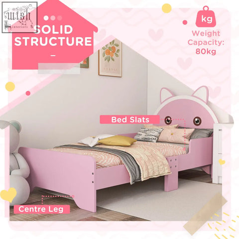 Zonekiz pink kids bed with cat ear headboard made of multi-layer board 143l x 74w x 72hcm with guardrails for toddlers