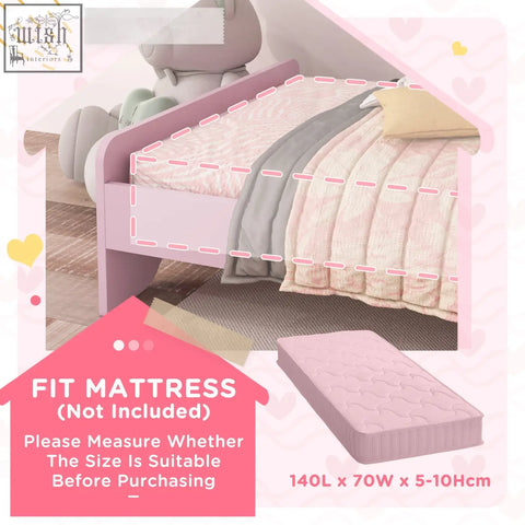 Pink zonekiz toddler bed frame with guardrails and multi-layer board mattress pad for kids 143l x 74w x 72hcm