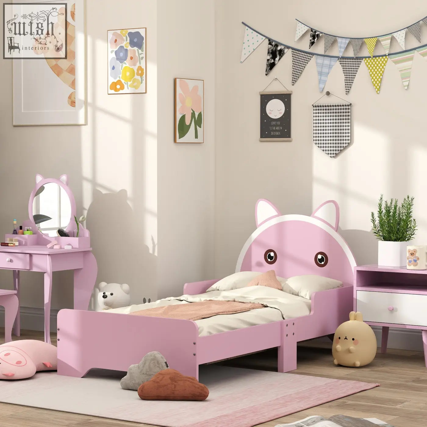 Pink zonekiz toddler bed with cat design guardrails 143l x 74w multi-layer board with matching vanity table