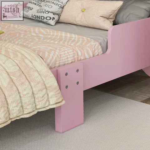 Pink zonekiz toddler bed frame with cat design smooth painted multi-layer board guardrails 143l x 74w cm