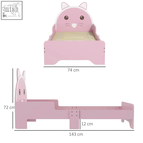 Pink zonekiz toddler bed frame with cat face headboard made of multi-layer board 143l x 74w x 72hcm