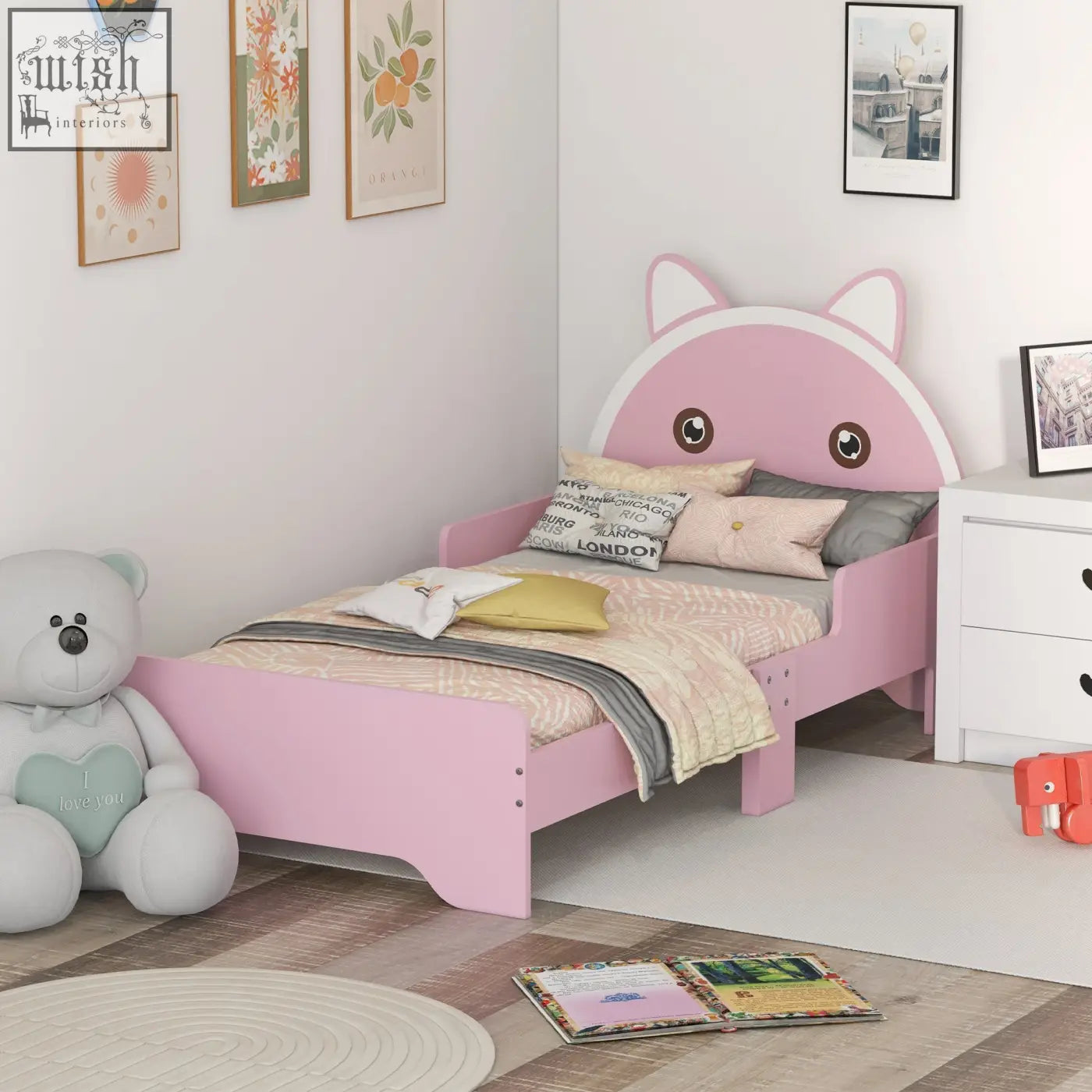 Pink zonekiz toddler bed frame with cat-shaped headboard guardrails made of multi-layer board 143l x 74w x 72hcm