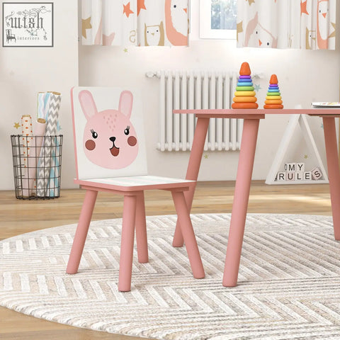 Pink wooden kids chair with cartoon bunny face on backrest part of zonekiz two matching chairs three-piece set