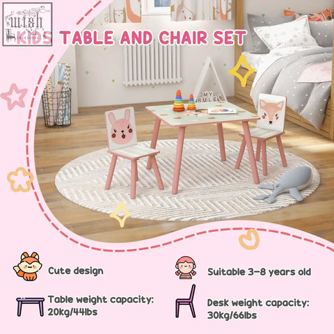 Pink wooden kids table and two matching chairs with cute animal faces three-piece set for ages 3-6 years