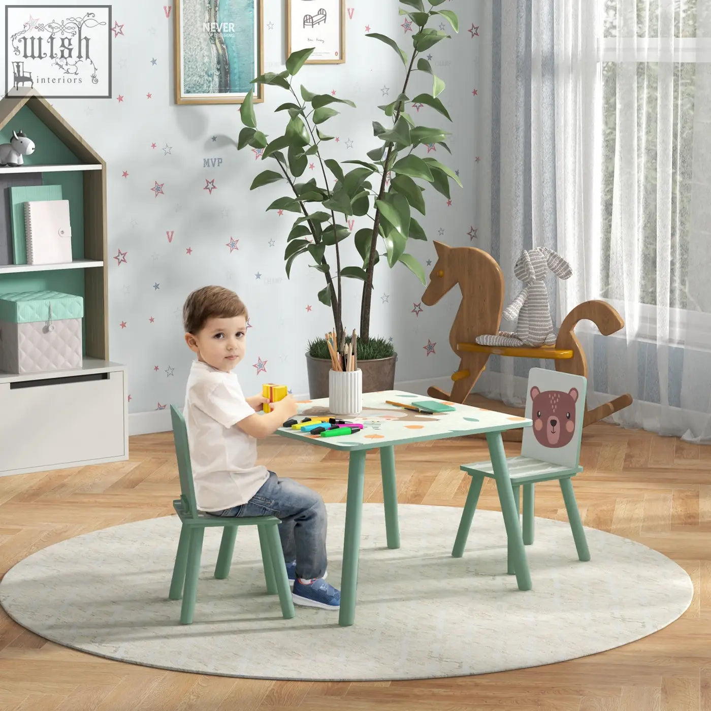 Mint green zonekiz kids two chairs set with bear face design on chair back perfect for toddlers 3 to 6 years