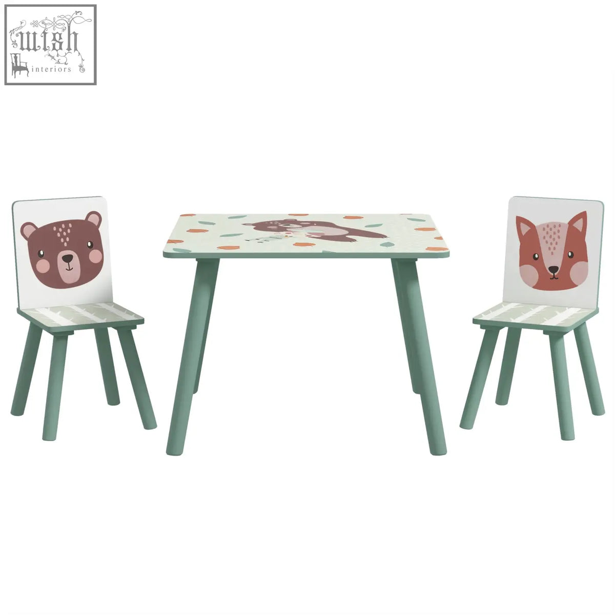 Pastel green wooden children’s table with bear and leaf pattern and two chairs by zonekiz kids for ages 3-6 years