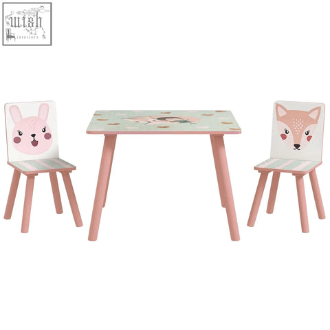 Pink wooden kids table and two matching chairs with cartoon animal faces three-piece set by zonekiz for ages 3-6