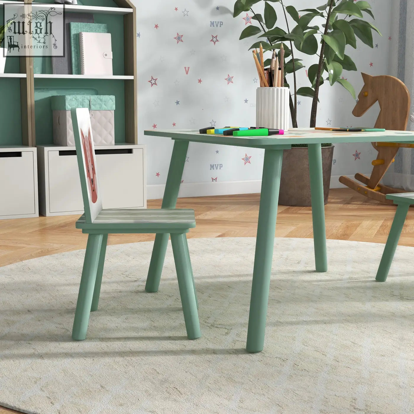 Mint green wooden kids chair with pink cartoon backrest from zonekiz kids two chairs toddler furniture set