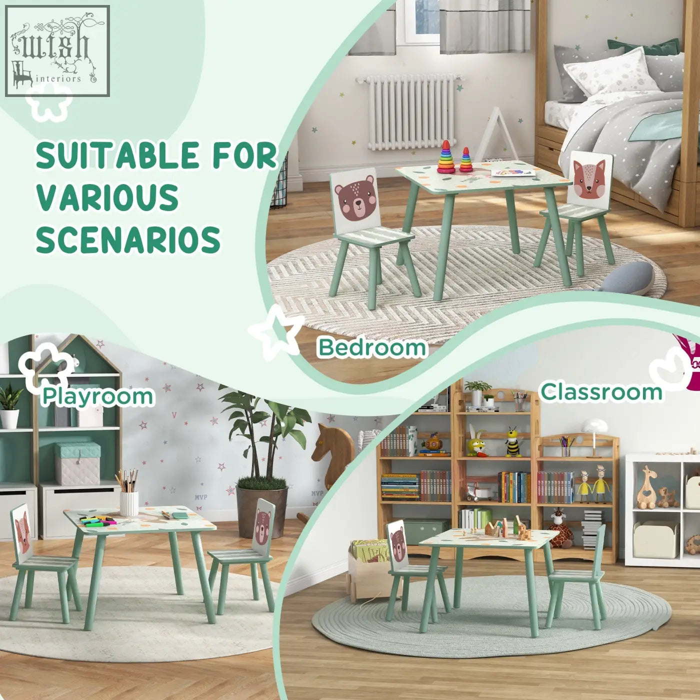 Mint green zonekiz kids wooden children desk set with two chairs featuring bear and fox faces for ages 3-6 years
