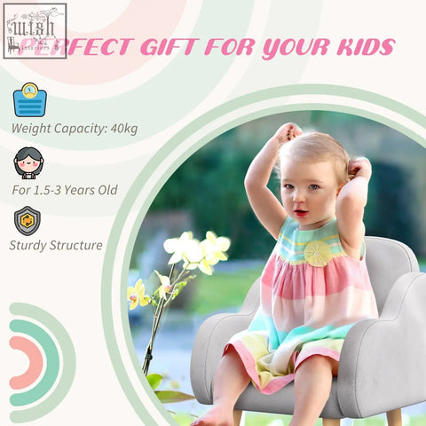 Zonekiz kids armchair toddler sofa in grey with plush fabric wooden frame and supportive sponge for ages 1.5 to 3 years