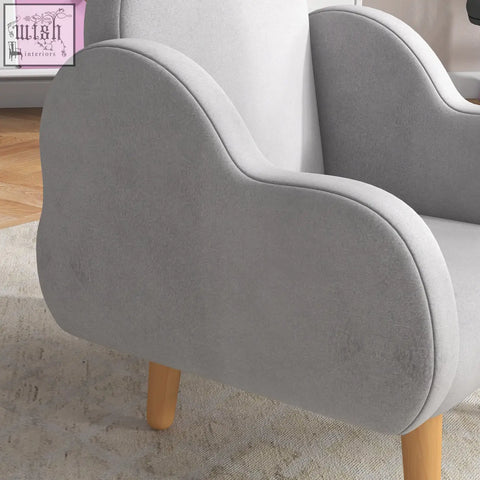Gray velvet zonekiz kids armchair with cloud shape, plush fabric, supportive sponge, and light wooden pp legs for toddlers