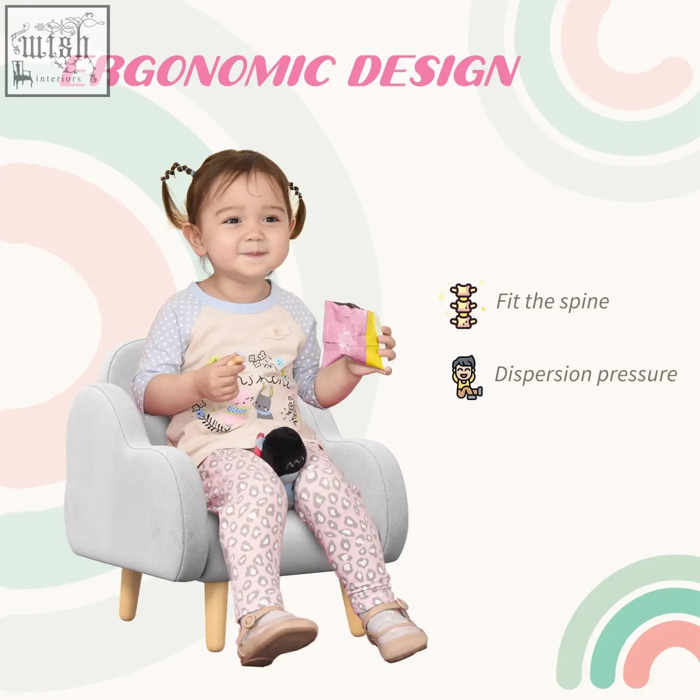 Soft gray zonekiz kids armchair with plush fabric, dutch velvet, supportive sponge, wooden pp legs for toddlers 1.5-3 years