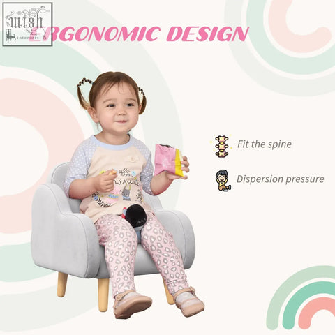 Soft gray zonekiz kids armchair with plush fabric, dutch velvet, supportive sponge, wooden pp legs for toddlers 1.5-3 years