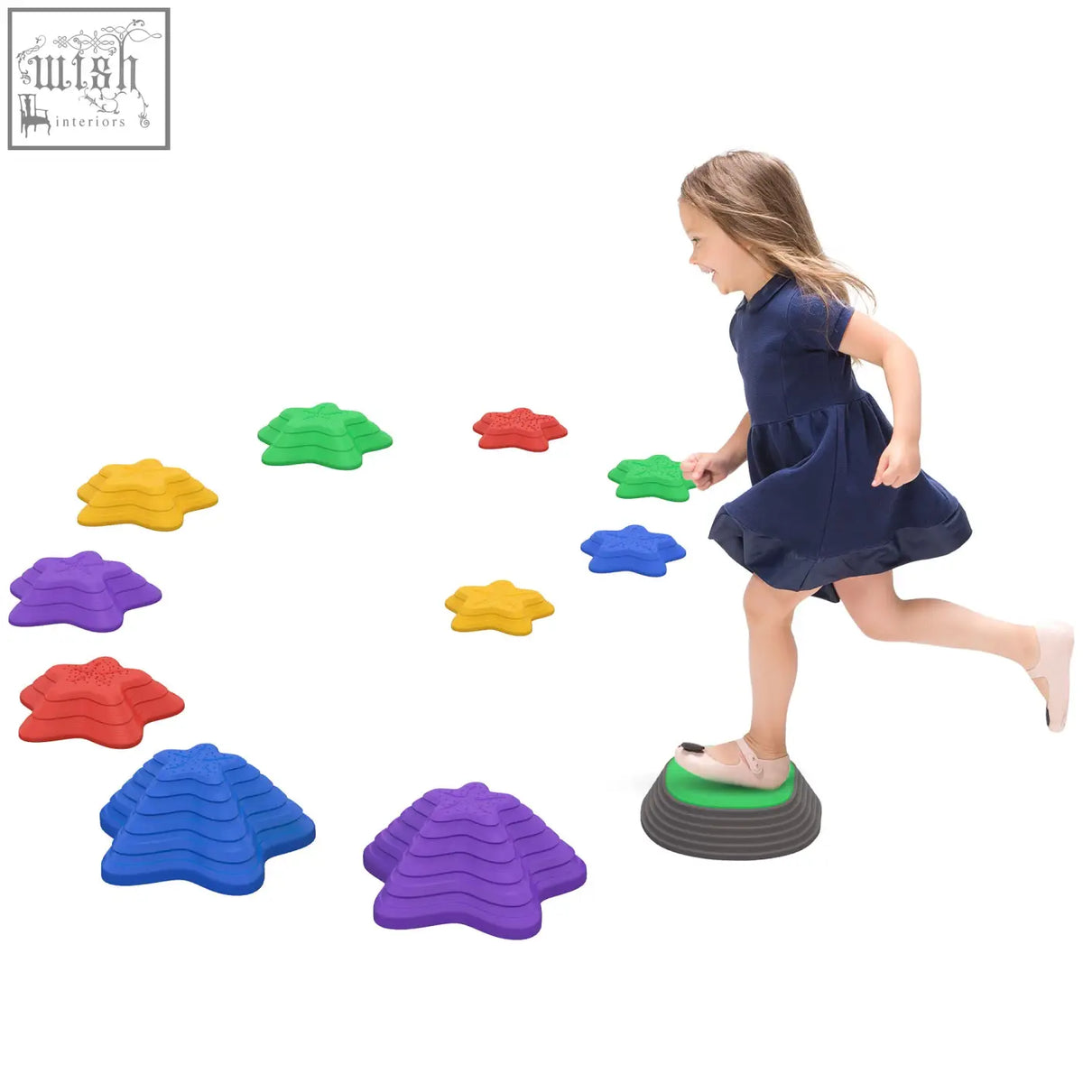 A child stepping on a green and gray star-shaped zonekiz kids stepping stones with textured non-slip surface