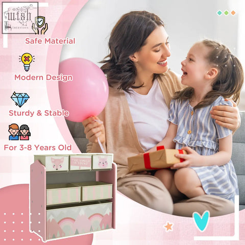 Pink wooden ZONEKIZ kids storage unit with cartoon animal and mountain-themed fabric bins for toy storage