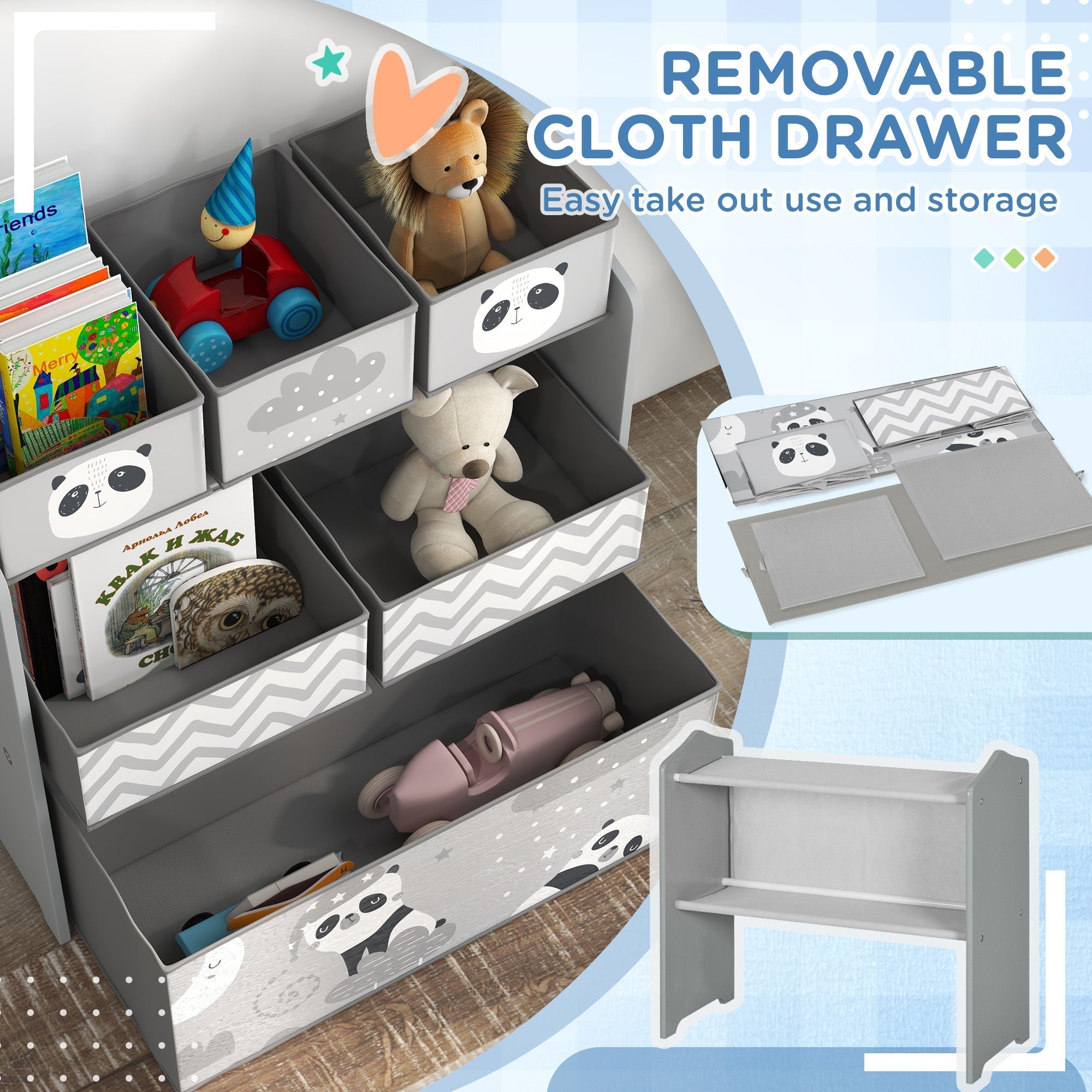 Gray zonekiz kids storage unit with panda fabric bins featuring zigzag and cloud patterns perfect for toy storage in child’s room