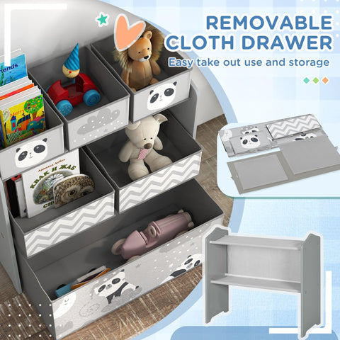 Gray zonekiz kids storage unit with panda fabric bins featuring zigzag and cloud patterns perfect for toy storage in child’s room