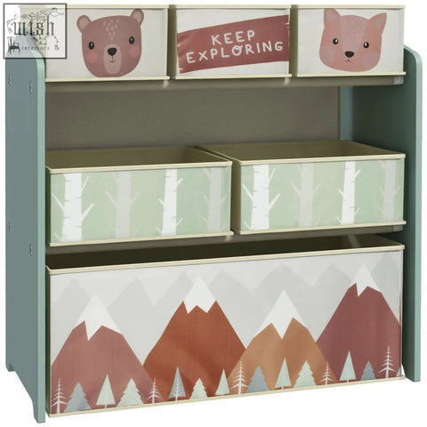 Zonekiz pastel green wooden kids storage unit with three drawers and woodland fabric inserts for toy storage