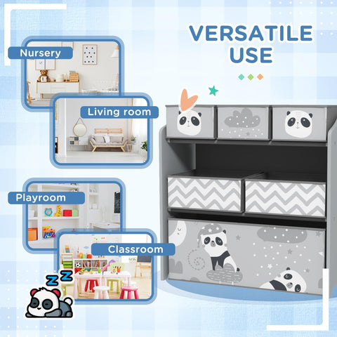 Zonekiz kids storage unit with gray and white panda design and six fabric bins for toy storage in child’s room