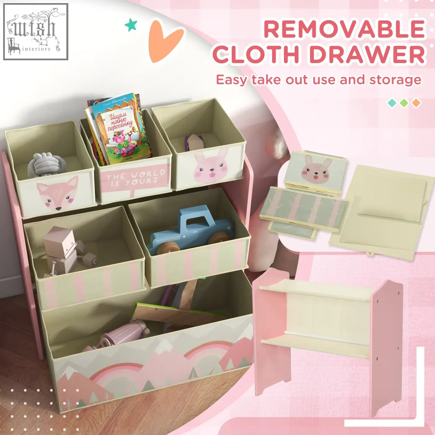 Zonekiz kids storage unit with six pink and cream cloth bins featuring cute animal faces for toy storage and kids storage