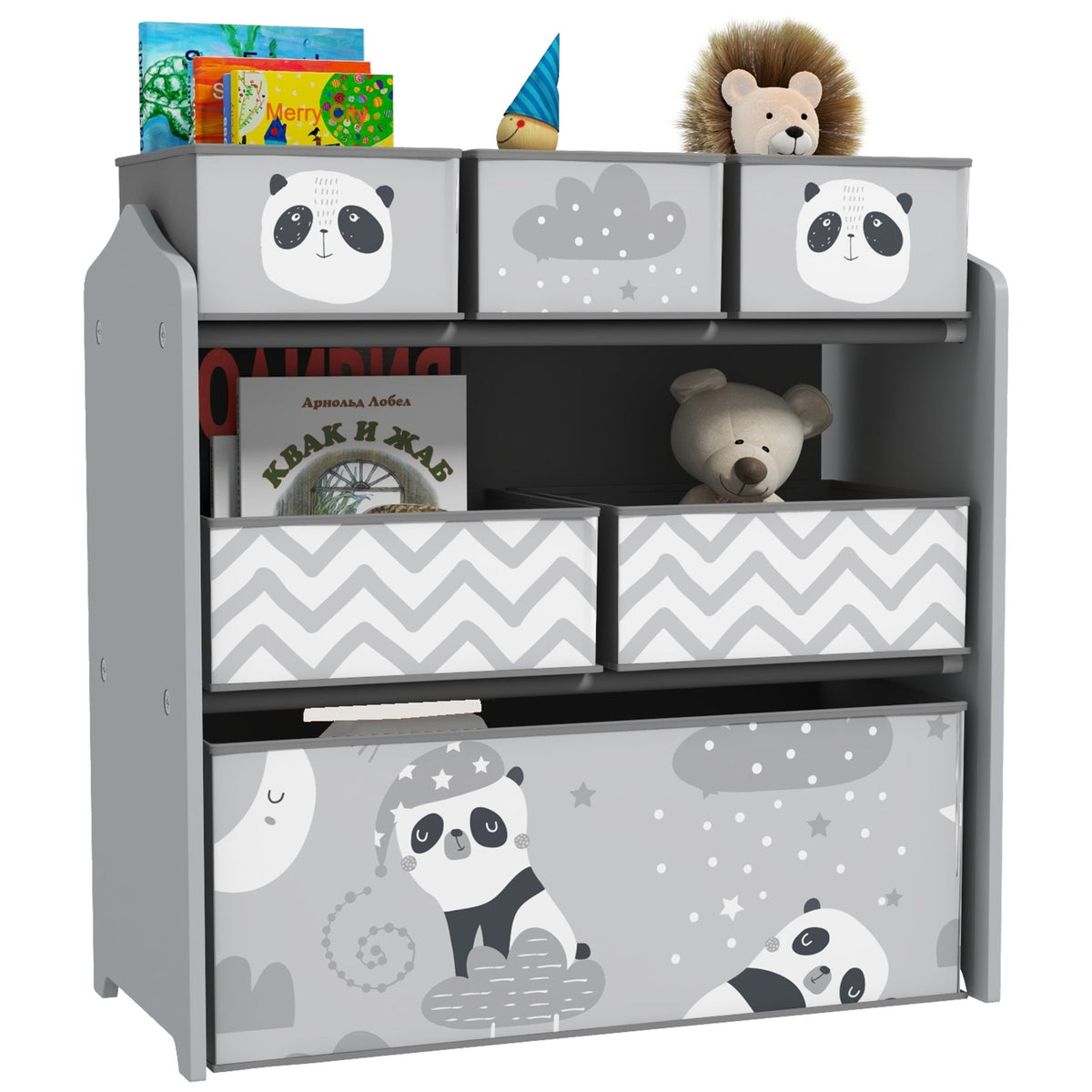 Gray zonekiz kids storage unit with six fabric bins and panda cloud drawers perfect for toy storage in child’s room