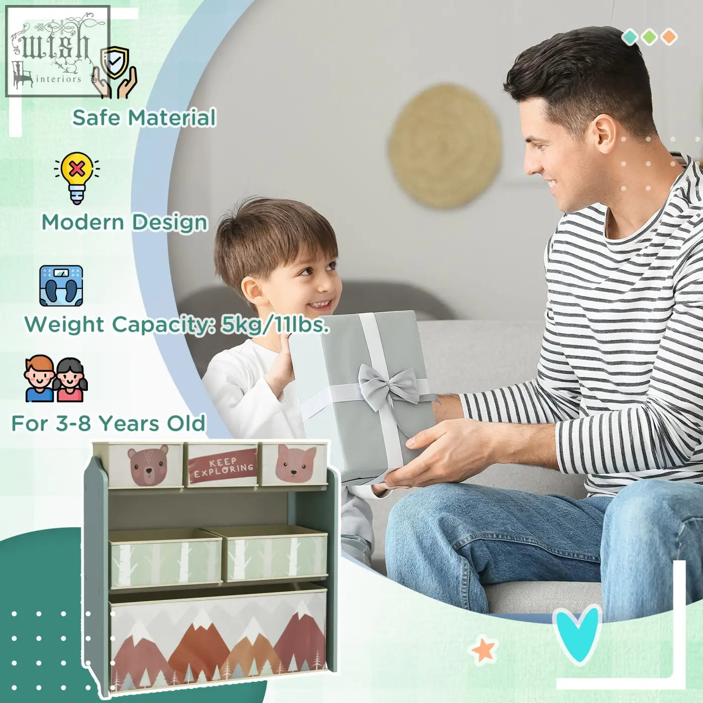 Zonekiz pastel green and white kids storage unit with bear face and mountain design toy storage bins for playrooms