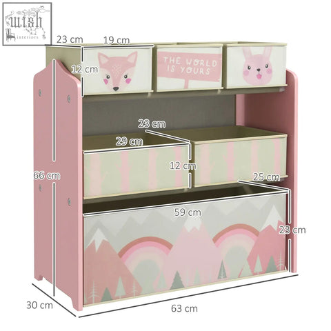 Pink wooden kids storage unit with three tiers and cartoon animal fabric bins for toy storage and playrooms