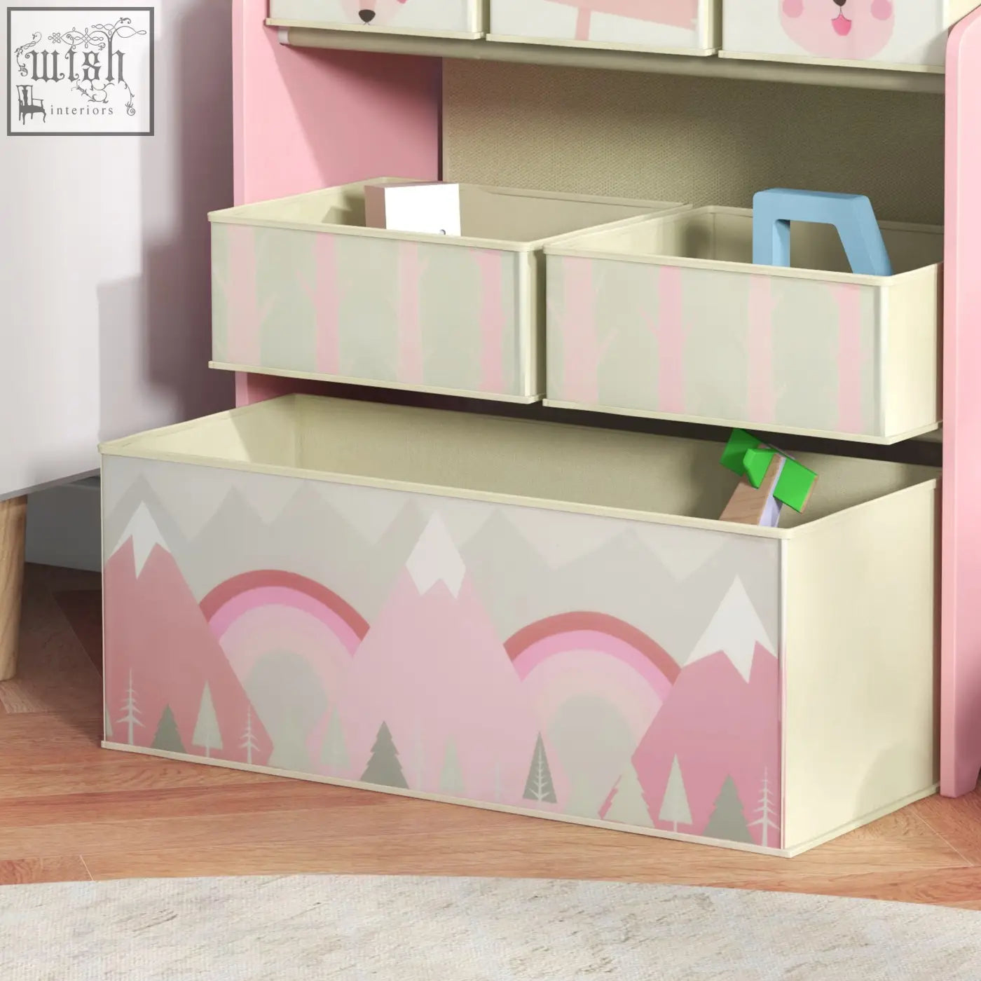 Pastel pink and cream ZONEKIZ kids storage unit with mountain and rainbow design for toy storage in bedrooms and playrooms